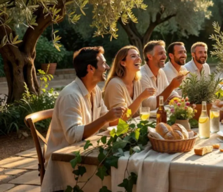 Warm golden-hour scene at NAXSOL ENTERPRISES LTD with guests enjoying dinner together