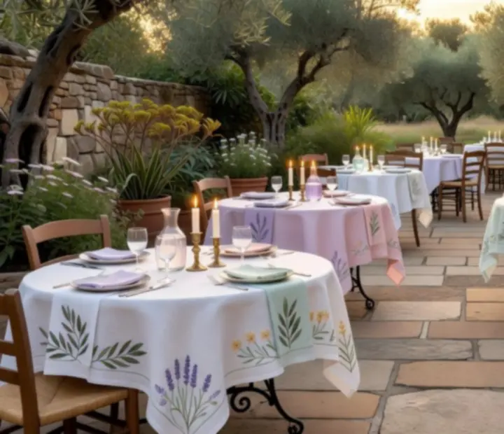 Golden-hour courtyard tables at NAXSOL ENTERPRISES LTD set with linens and botanicals.