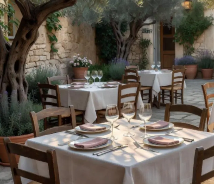 Golden-hour courtyard with soft light across rustic tables at NAXSOL ENTERPRISES LTD