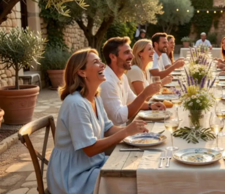 Golden-hour dining scene at NAXSOL ENTERPRISES LTD with guests sharing a warm countryside meal.