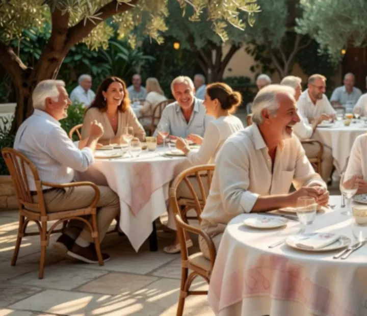 Guests gathered around sunlit tables in the garden at golden hour