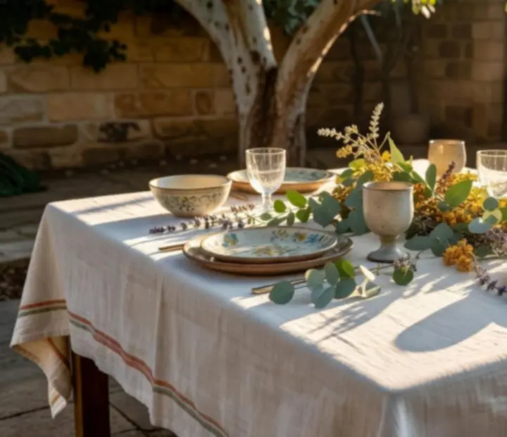 Golden hour light across a linen-dressed table with botanicals at NAXSOL ENTERPRISES LTD