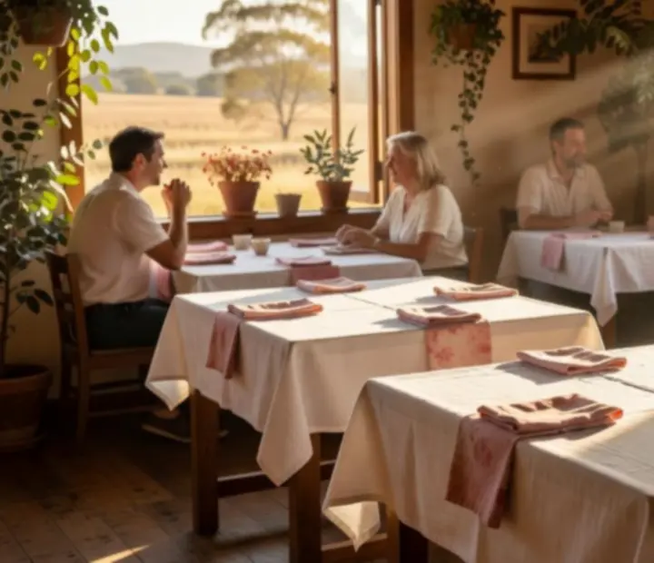 Golden-hour light over elegantly set restaurant tables