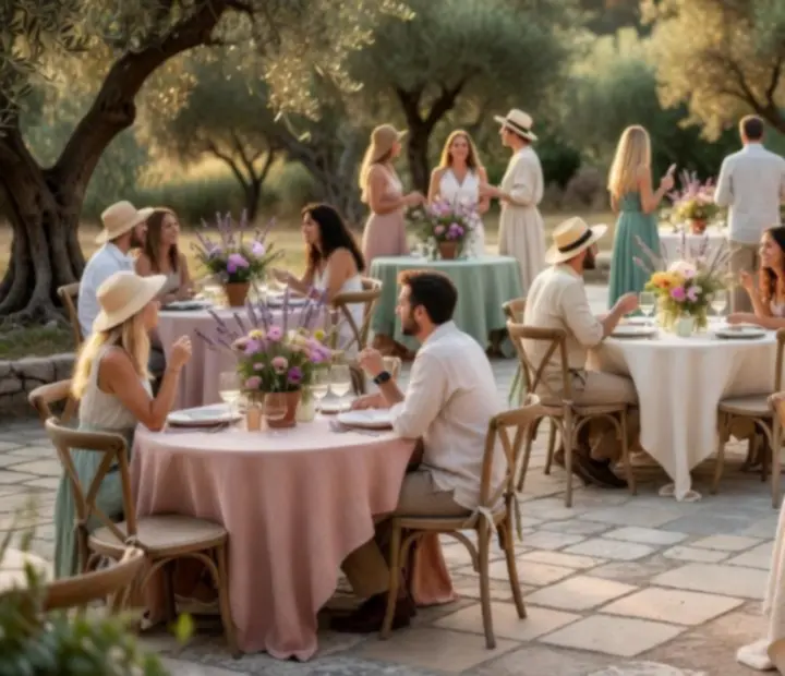Golden-hour light over rustic courtyard tables prepared for dinner