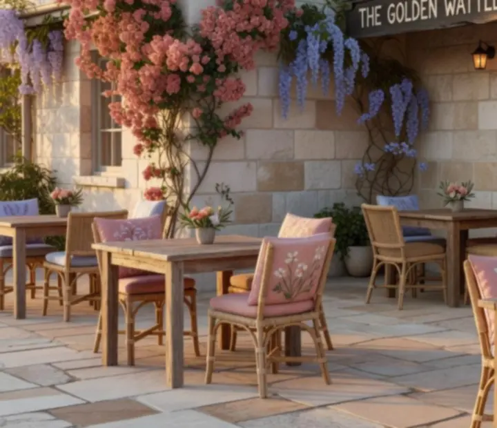Warm Australian countryside restaurant exterior at NAXSOL ENTERPRISES LTD with rustic courtyard seating.