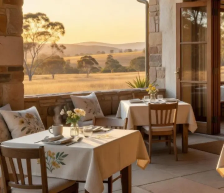 Sunset light over rustic tables at NAXSOL ENTERPRISES LTD's countryside restaurant
