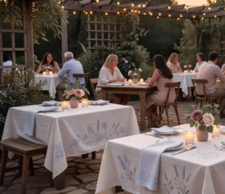 Softly lit private courtyard evening with linen-dressed tables at NAXSOL ENTERPRISES LTD