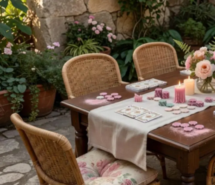 Rustic evening table with candles, cards, and shared dishes at NAXSOL ENTERPRISES LTD